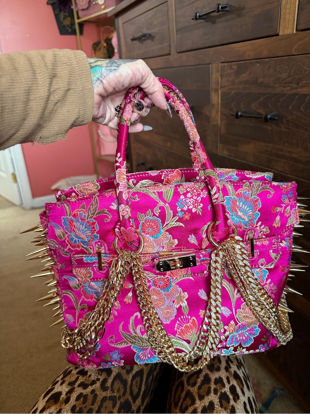 AKIRA Hot Pink Floral Chain Tote Bag